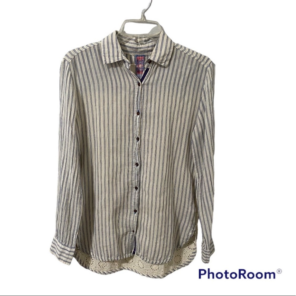 JOHNNY WAS Stunning Relaxed Button Up, Stripe Long-sleeve; Size Small